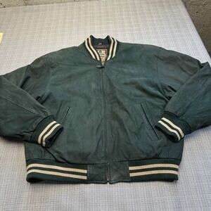 Vintage Suede Bomber Jacket size 46 Green Varsity Quilted Lining 90s Y2K‎ *
